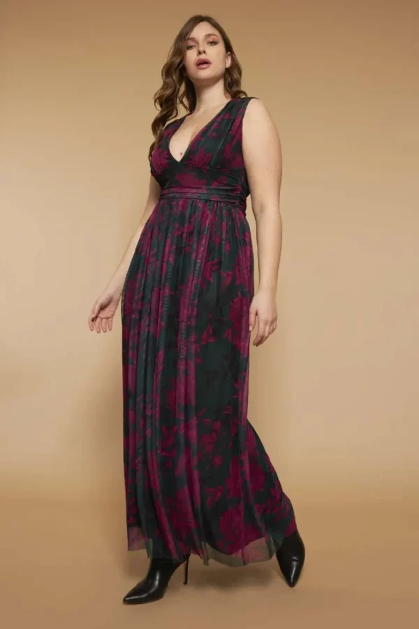 Jiveley Abito lungo tulle fantasia rose taglie comode Hot