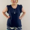 Donna Curvy Bluse con collana smanicata con rouches taglie comode New