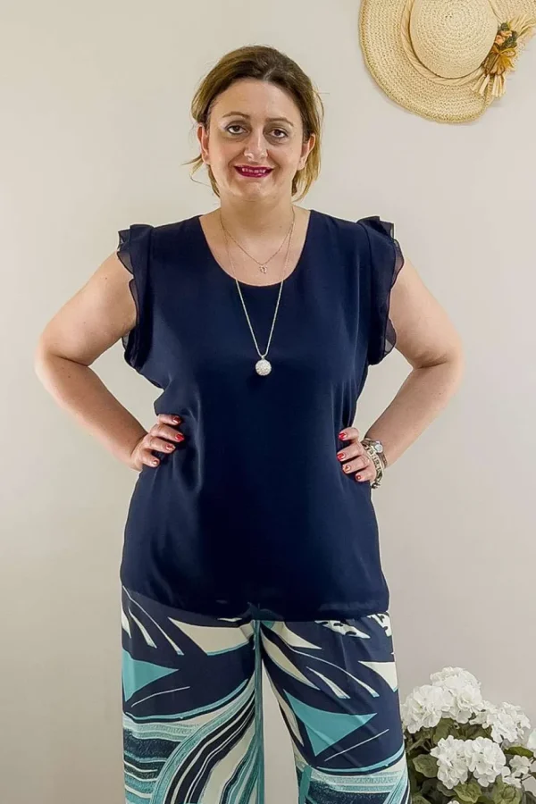 Donna Curvy Bluse con collana smanicata con rouches taglie comode New