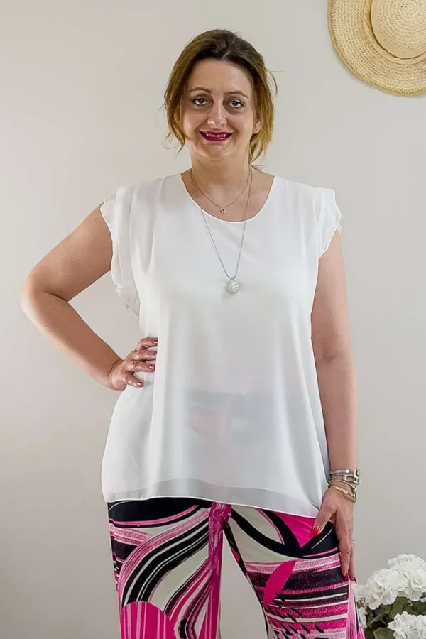 Donna Curvy Bluse con collana smanicata con rouches taglie comode Online